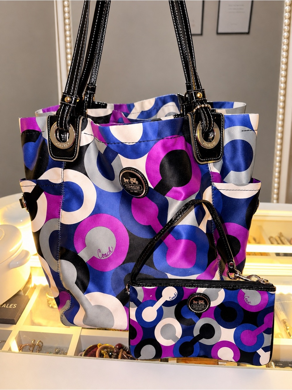 Vintage Coach Alex Op Art Tote & Wristlet